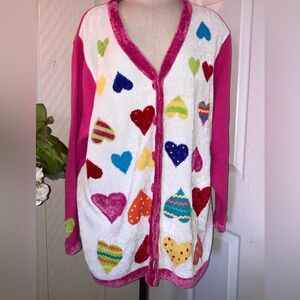 The Quacker Factory Vintage Heart Button Down Sweater Valentines Day 1x